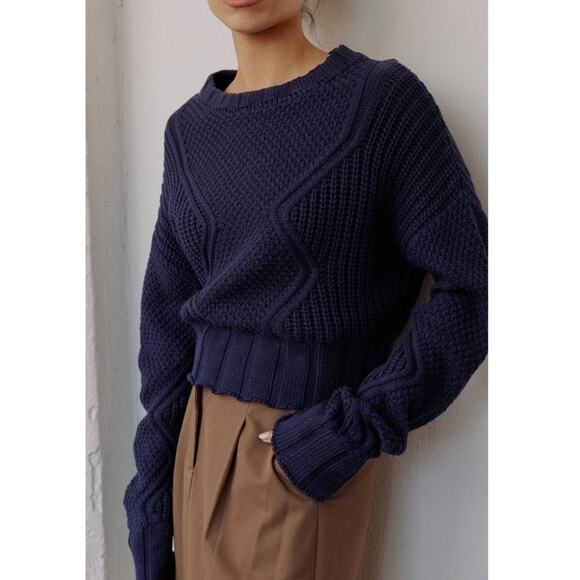 All : Row Sadie Knit Cropped Navy Textured Preppy Nautical Chunky Sweater Large - Picture 1 of 8